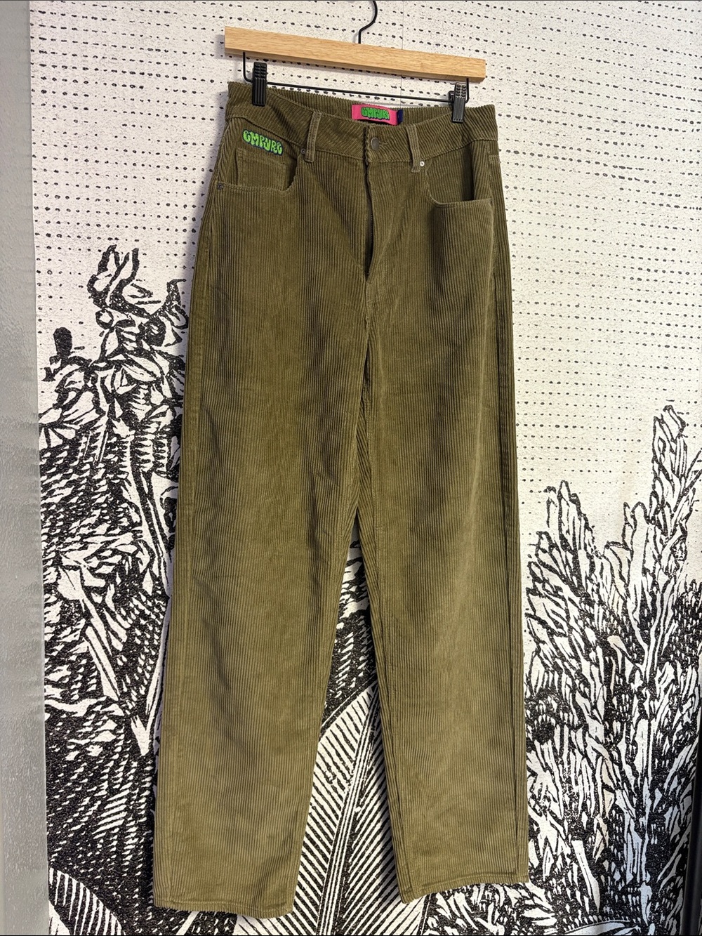 VINTAGE Olive Corduroy Pants with Colorful Waist Tag